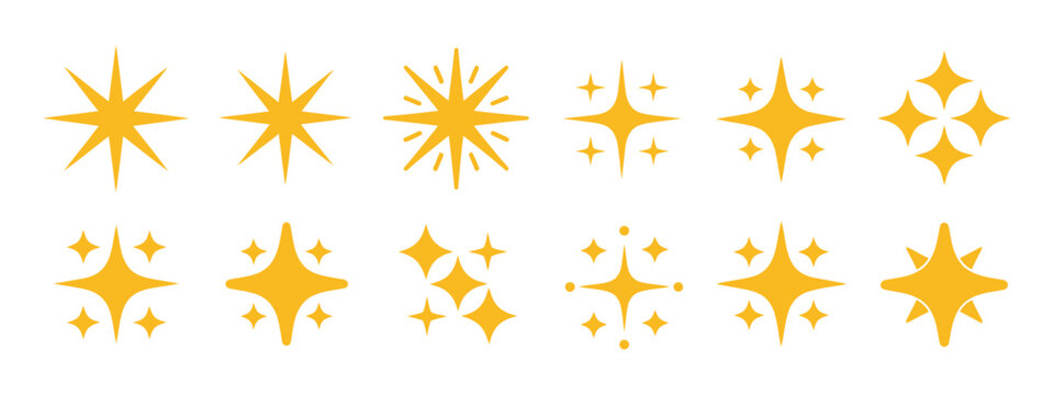 Doodle glitter twinkle star icons set. Yellow hand drawn shine star burst symbol. Sketch magic blink collection. Doodle spark shape icon set. Vector illustration on transparent background