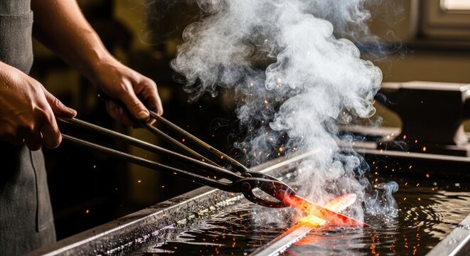 A blacksmith using tongs to manipulate a glowing red hot metal object in a workshop setting.