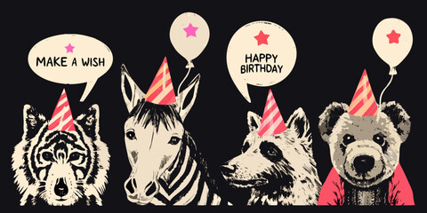 Animal heads with party hats and balloons vector illustration © krishna