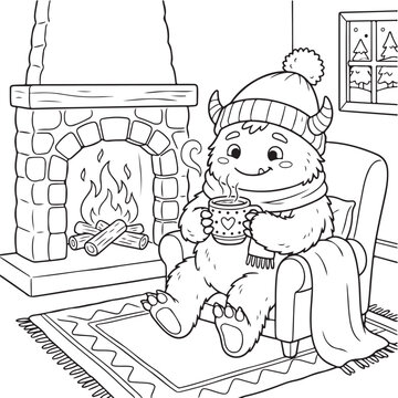 Cozy Monster Drinking Hot Chocolate by Fireplace Coloring Page