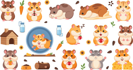 Fototapeta premium Adorable Cute Hamster Character Vector Set with Various Poses Eating Sleeping and Playing Cartoon Illustration
