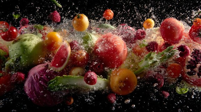 Vibrant explosion of fresh juicy fruits and natural food elements bursting in mid air with splashes of color, rich textures and organic freshness, healthy lifestyle concept with dynamic motion and tro