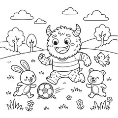Fototapeta premium Cute Monster Playing Soccer with Animals Coloring Page