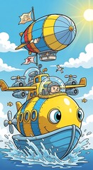Obraz premium Colorful cartoon submarine sailing in ocean waters.