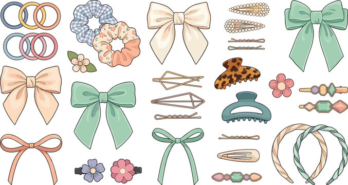 Cute Pastel Girl Hair Accessories Collection with Bows Scrunchies Clips Claws and Headbands Vector Set