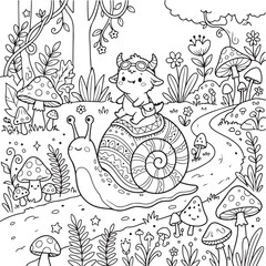 Fototapeta premium Cute Monster Riding Giant Snail Coloring Page
