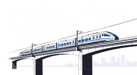 Modern high speed train traveling on elevated railway bridge. © Adit