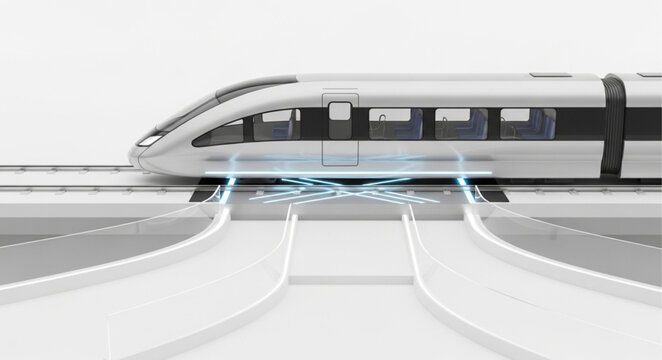 Modern high speed train traveling on tracks with blue energy effect.