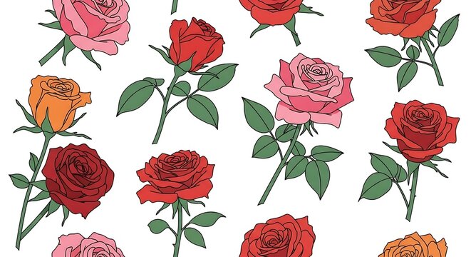 Seamless pattern of colorful rose flowers vector illustration. Red, pink, and orange roses background texture.