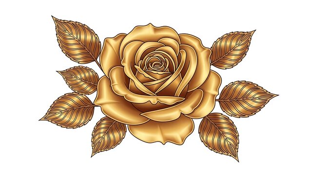 Luxury gold rose flower with leaves vector illustration. Metallic golden realistic rose bloom isolated on white background.