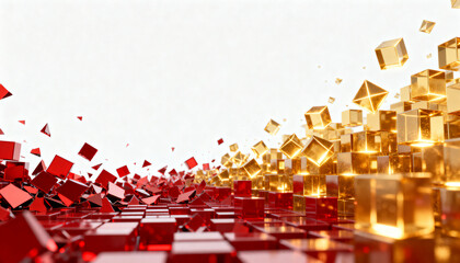 Obraz premium abstract ai self correction flow with red fragments and glowing golden geometric shapes on white background for tech startup business