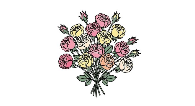 Large pink and yellow rose bouquet vector illustration. Tied bunch of delicate roses with stems and buds isolated on white background.