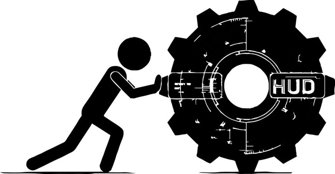 Person pushing a large industrial gear wheel