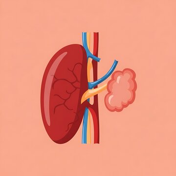 3D illustration of human kidneys with blood vessels and ureter.
