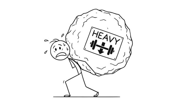 Cartoon Stick Figure Man Struggling to Carry Heavy Rock with 'HEAVY' Sign line drawing vector