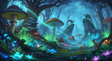 Obraz premium Magical Glowing Forest with Giant Mushrooms and Fantasy Creature