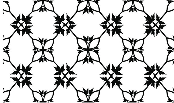 Intricate seamless black and white floral pattern featuring symmetrical vine motifs, diamond tessellation layouts, delicate tendrils, and stylized four-petal floral elements in a clean geometric compo