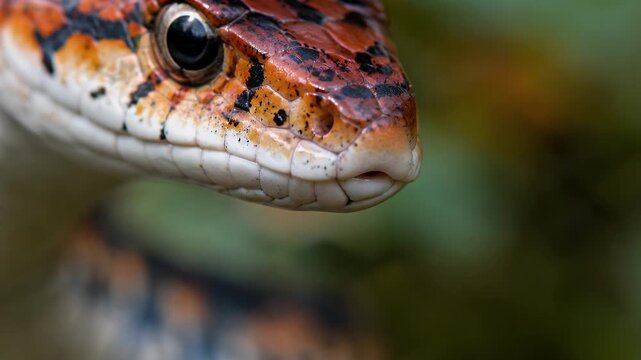 Colorful snake reptile closeup macro tongue eye scale texture wildlife head flicking forked tongue sharp focus blurred background vivid forest scene