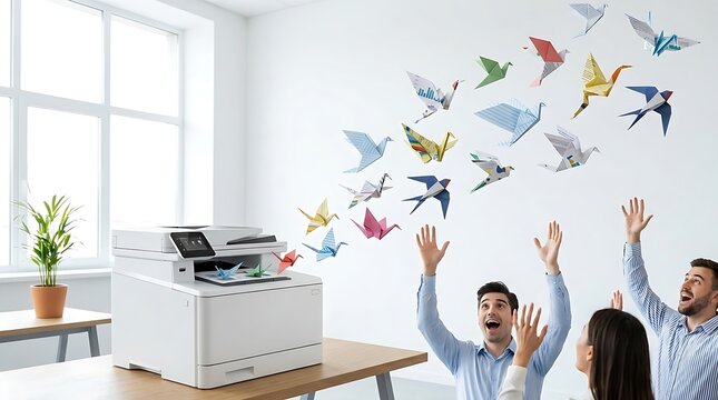 People celebrating as colorful origami cranes fly from a printer with teamwork