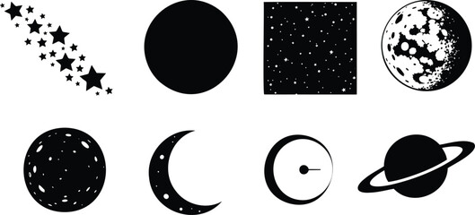 Set of space objects vector silhouette illustration, perfect for astronomy and night sky themes. © Silhouette