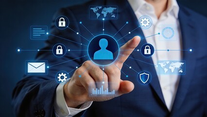 Fototapeta premium Businessman touching virtual interface, digital transformation concept with data security and network icons, modern technology background for corporate strategy and innovation
