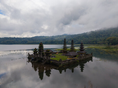 Aerial View of Pura Ulun Danu Tamblingan Temple on Lake in Bali