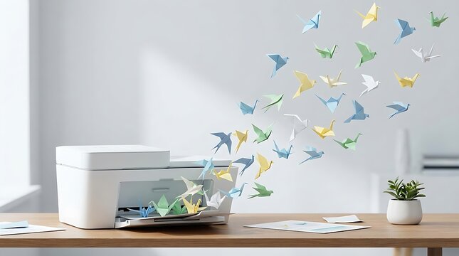 Desktop printer with light colored origami birds flying out onto a wooden desk