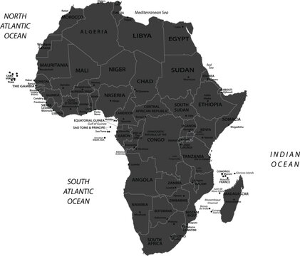 Political map of Africa showing countries and oceans detailed vector illustration