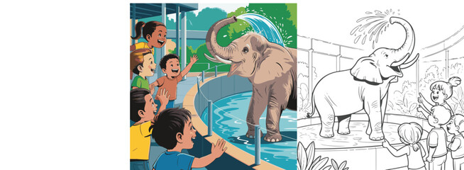 elephants in the grass, elephant in the desert, family of elephants, family of elephants in the zoo,  animals in the park, animals in the city, coloring, coloring book, children, fairy tale, clip art. © Pinki