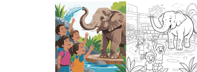 elephants in the grass, elephant in the desert, family of elephants, family of elephants in the zoo,  animals in the park, animals in the city, coloring, coloring book, children, fairy tale, clip art. © Pinki