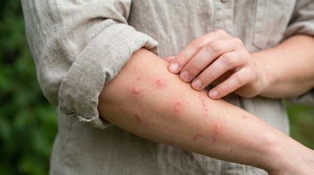 KI-generiertes Bild. Nahaufnahme einer Frau, die juckende M&uuml;ckenstiche an ihrem Arm kratzt. Hautallergie, Insektenstich und Gesundheit Konzept