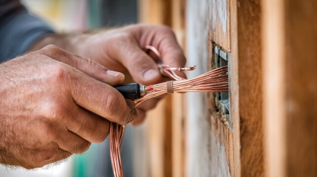 Tradesperson carefully organizes bundled copper electrical wires being fed into a wall cavity junction box during construction.