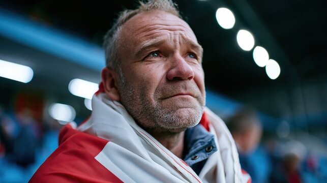 English football fan wrapped in national flag sitting alone in stadium