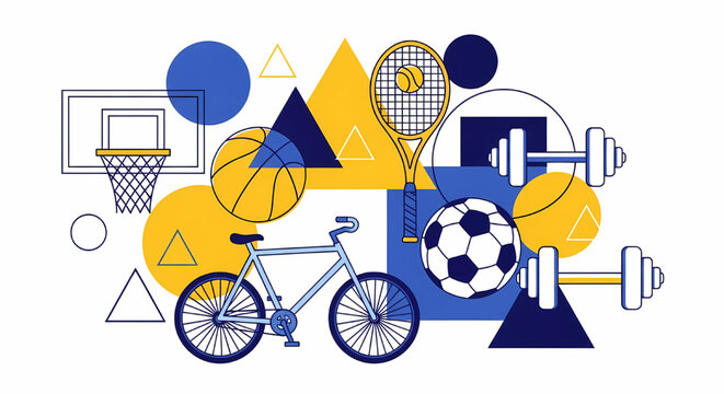 Abstract sport equipment icons and geometric shapes