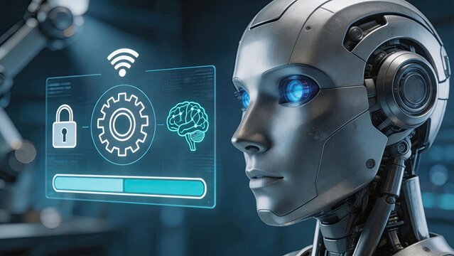 Side profile of female android robot head with glowing blue eyes looking at holographic interface showing security lock gear and brain icons representing AI settings