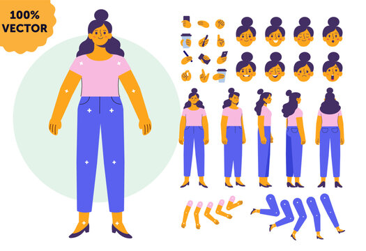 Female Character Animation Template. Female animation template with modular arms, legs, expressions and character views. Flat vector woman constructor for motion design, explainer videos, apps and web