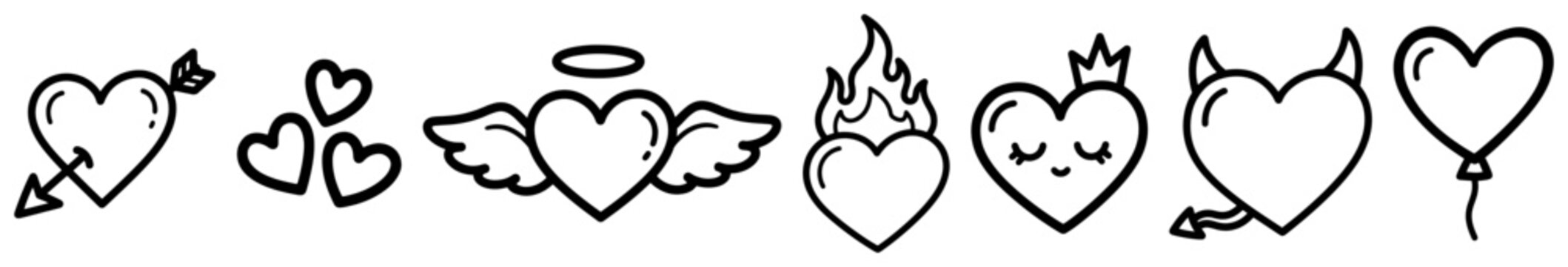 Heart icons in various designs including angel devil crown and flame in playful doodle style
