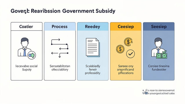 Modern infographic depicting government subsidy process with icons in blue yellow and gray