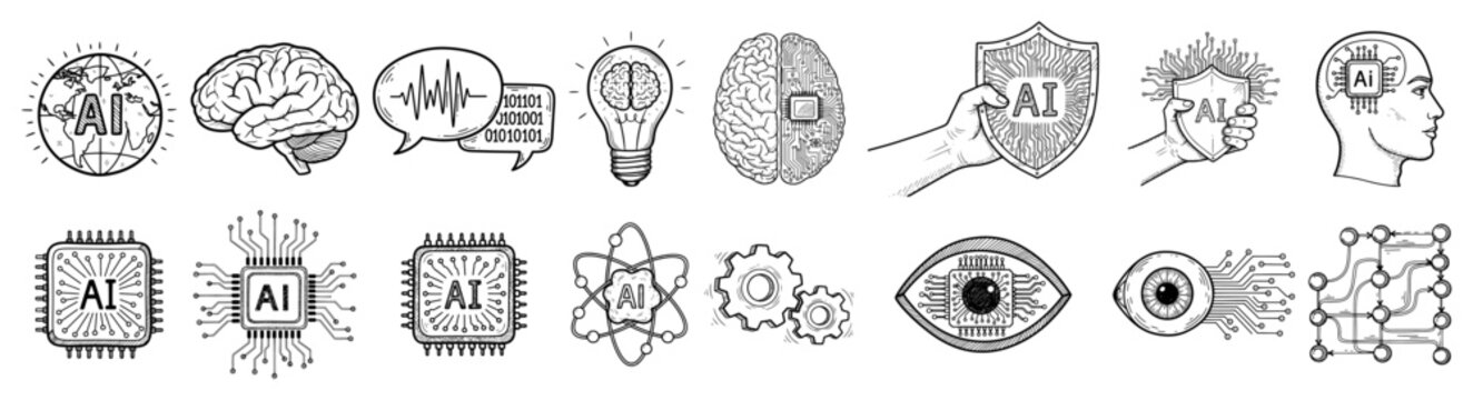 Artificial intelligence icons and technology symbols with brain network and microchip elements in detailed hand drawn sketch style