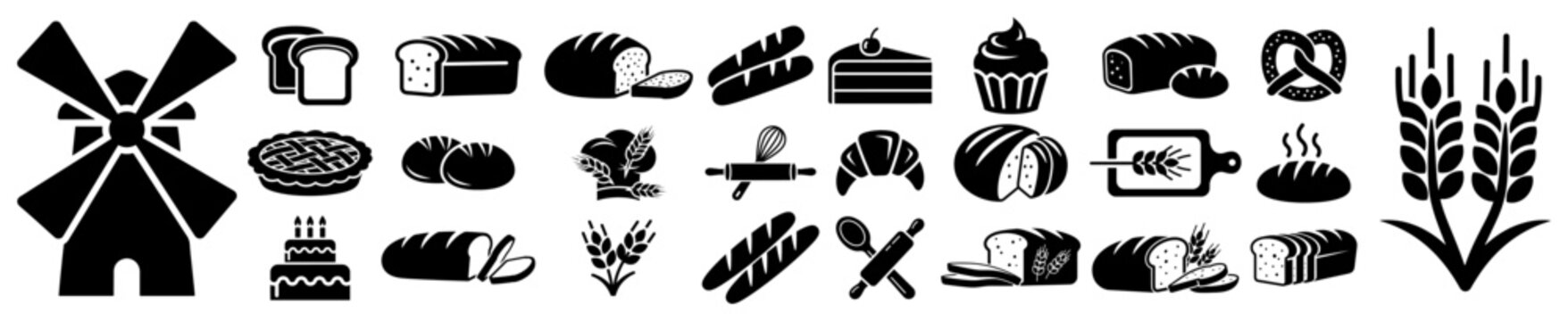 Bakery and bread glyph icons showing loaves wheat rolling pin and pastry in solid flat silhouette style