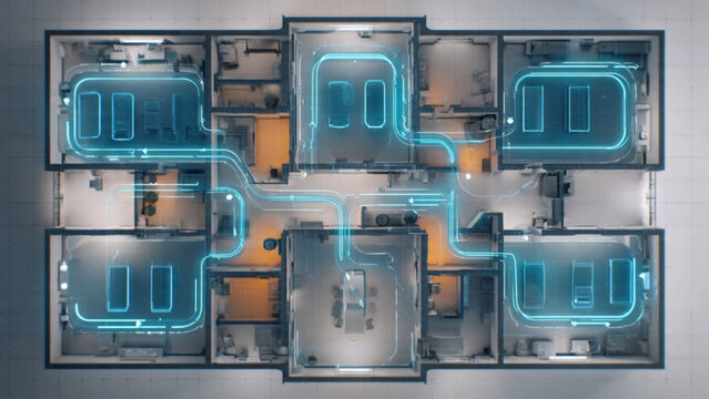 Futuristic illuminated control room with glowing blue circuitry and structured layout