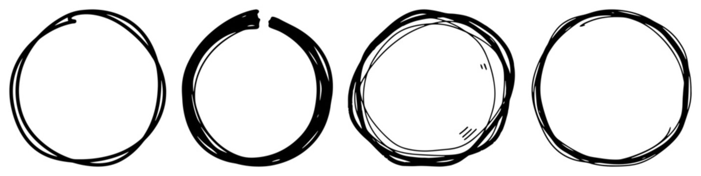 Circular scribble frames and brush stroke rings in hand drawn sketchy doodle style