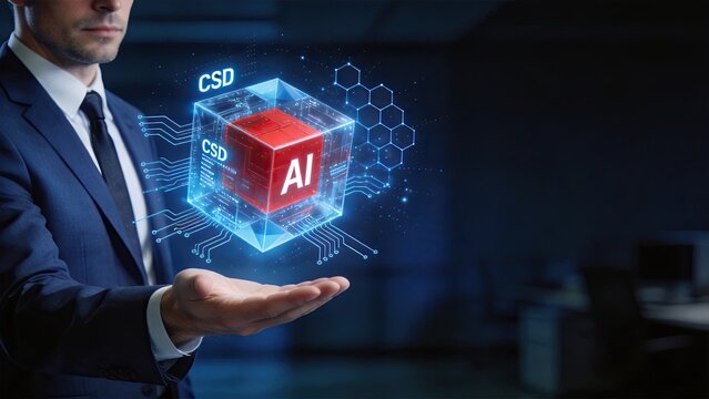 Futuristic businessman holding holographic AI cube, CSD technology concept, digital transformation in corporate environment, artificial intelligence innovation, data analysis