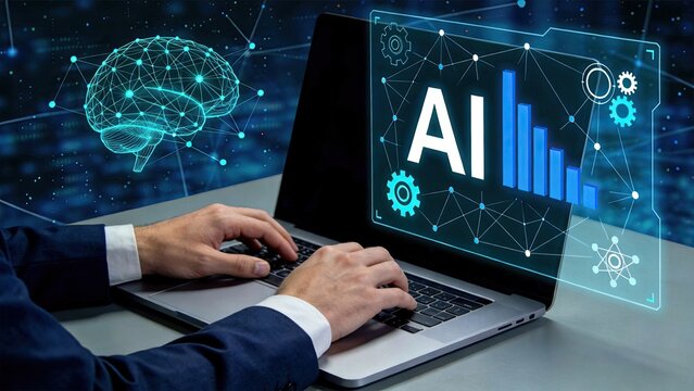 Artificial intelligence concept showing digital brain network and data charts on laptop screen, representing machine learning algorithms, big data processing and future technology