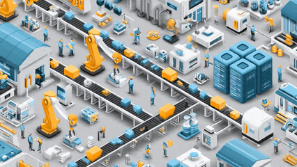 Advanced robotic factory assembly line with automated machinery and workers in a modern industrial environment © Fitrotul