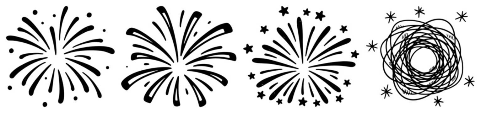 Fireworks explosions and scribbled starry circles in hand drawn doodle sketch style