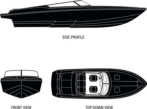 Technical speedboat schematic illustration showing side profile, front view, and top‑down layout with detailed hull, cockpit, and design elementsPrint