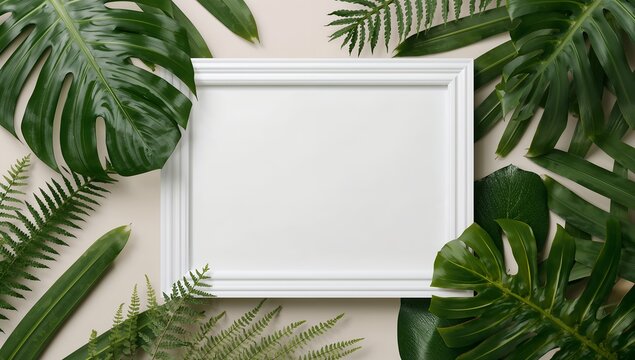 A white picture frame surrounded by lush green tropical leaves. The frame is empty, ready for personalization