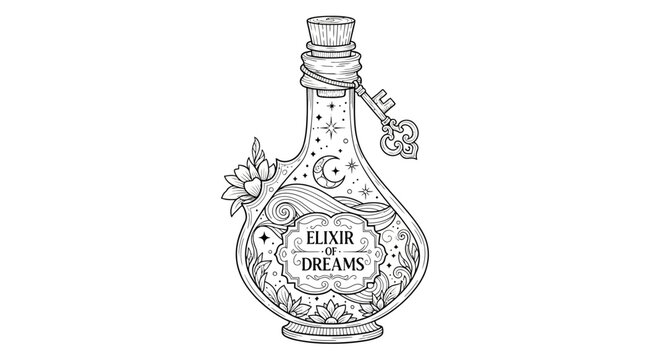Intricate elixir of dreams bottle illustration with key and decorative elements