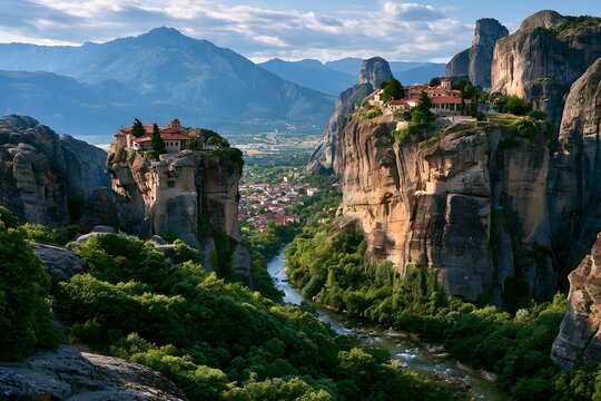 picturesque cliffside village with lush greenery